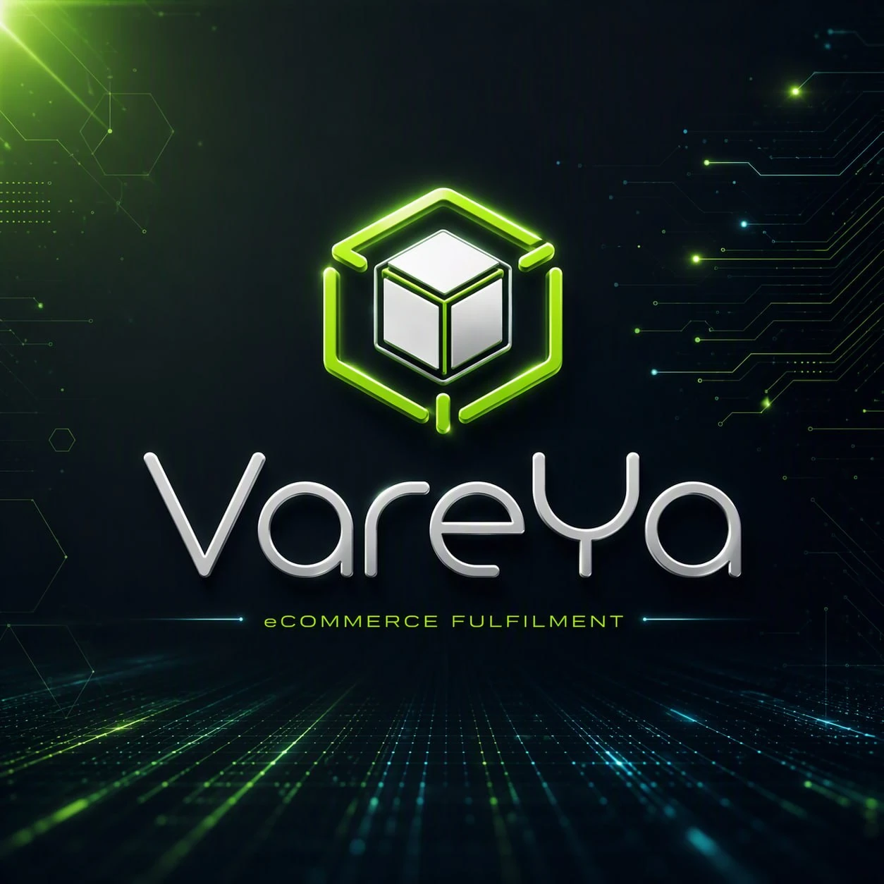 VareYa brand graphic: a white cube inside a glowing green hexagon above the VareYa wordmark and the words eCommerce Fulfilment.